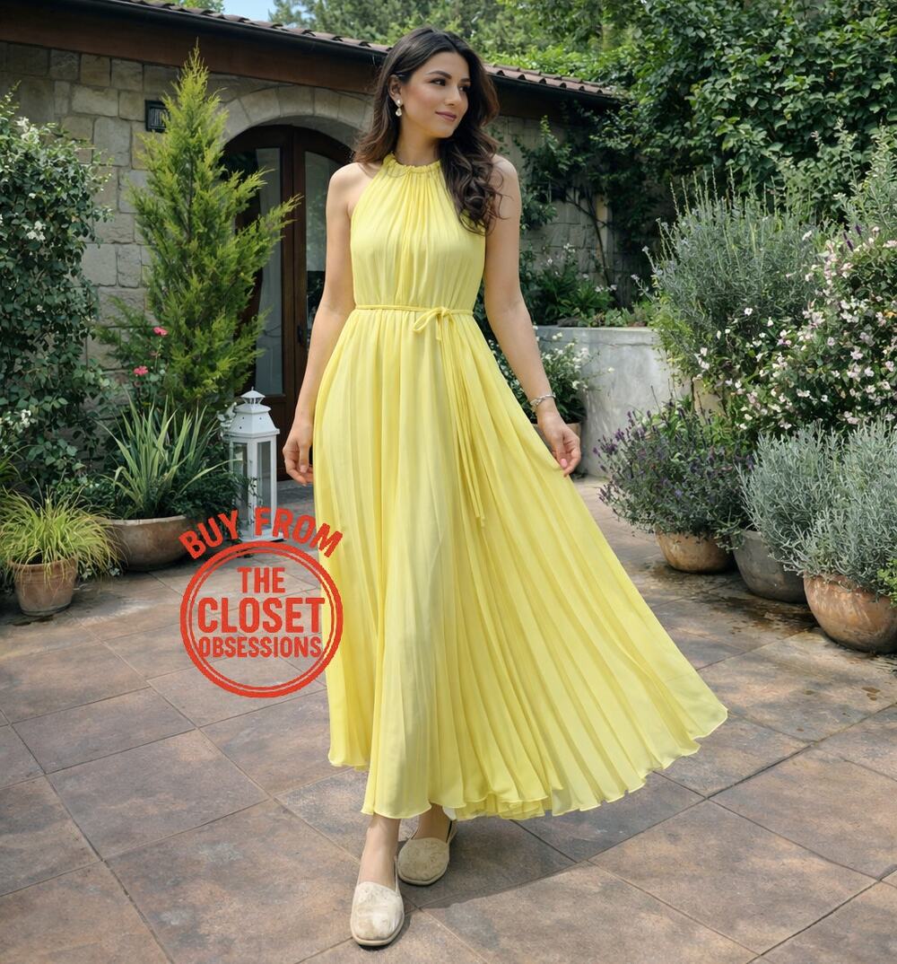 Mango NWT Butter Yellow Pleated Halter Midi Dress 8